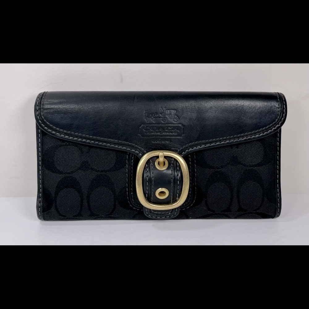 Coach Bleecker Tattersall Black Signature Clutch Wallet- Lightly Distressed